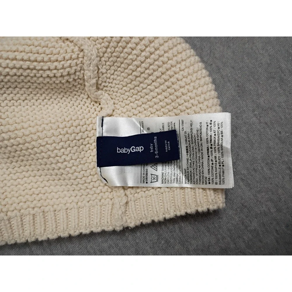 BabyGap Cream Knit Bear Ear Beanie Hat 3-6 Months Cotton Off White Infant